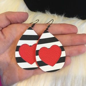 Tear Drop Valentine’s Day Earrings Red Heart Black & White Stripes Hand Crafted